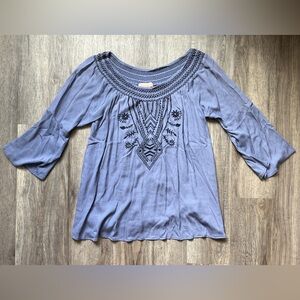 Let Them Eat Cake Embroidered Blue Flowy 3/4 Sleeve Top XS